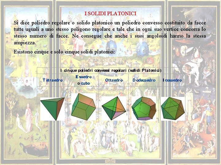 I SOLIDI PLATONICI Si dice poliedro regolare o solido platonico un poliedro convesso costituito