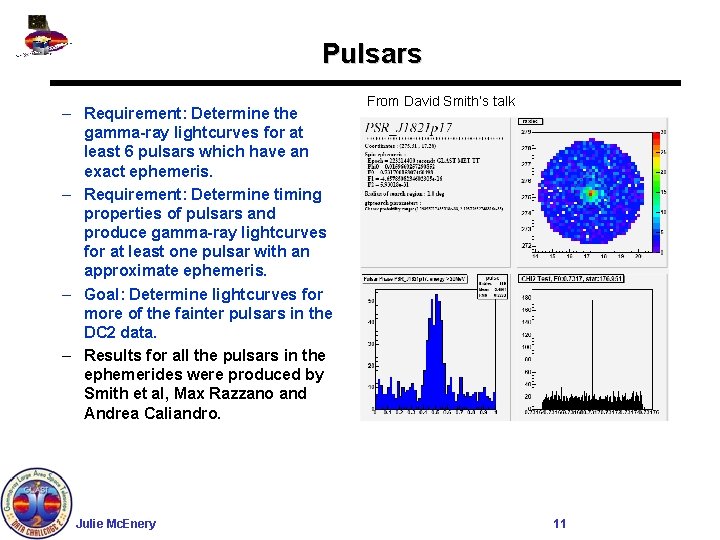 Pulsars – Requirement: Determine the gamma-ray lightcurves for at least 6 pulsars which have