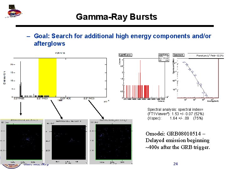 Gamma-Ray Bursts – Goal: Search for additional high energy components and/or afterglows Spectral analysis: