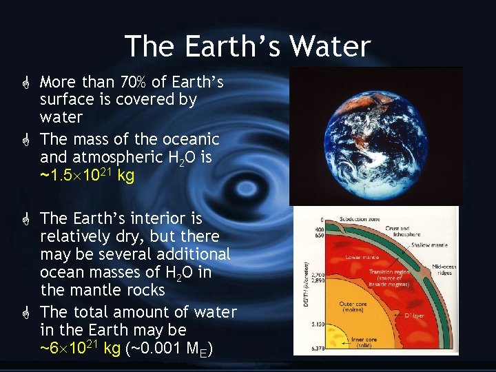 The Earth’s Water G More than 70% of Earth’s surface is covered by water