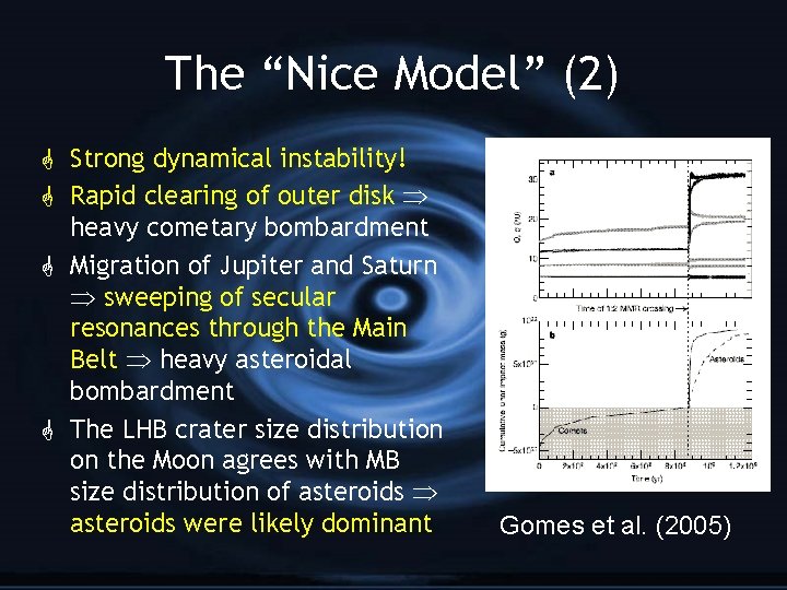 The “Nice Model” (2) G Strong dynamical instability! G Rapid clearing of outer disk
