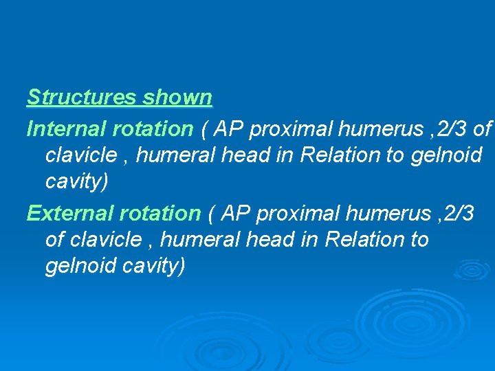 Structures shown Internal rotation ( AP proximal humerus , 2/3 of clavicle , humeral