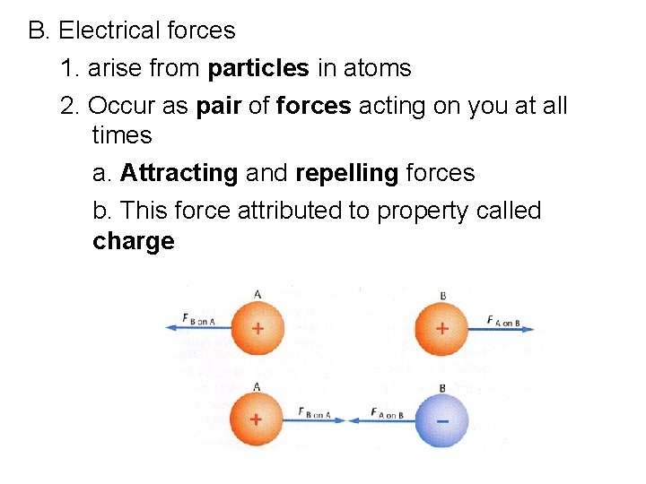 B. Electrical forces 1. arise from particles in atoms 2. Occur as pair of