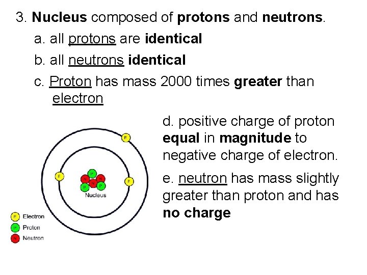 3. Nucleus composed of protons and neutrons. a. all protons are identical b. all