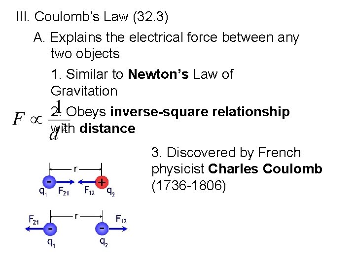III. Coulomb’s Law (32. 3) A. Explains the electrical force between any two objects