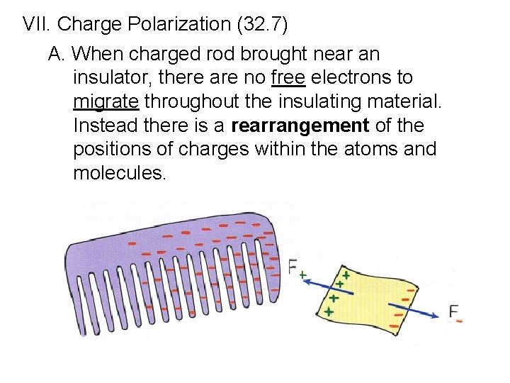 VII. Charge Polarization (32. 7) A. When charged rod brought near an insulator, there