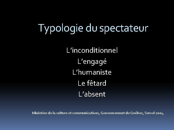 Typologie du spectateur L’inconditionnel L’engagé L’humaniste Le fêtard L’absent Ministère de la culture et