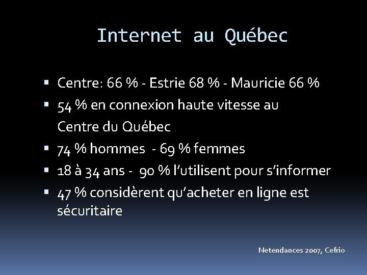 Internet au Québec Centre: 66 % - Estrie 68 % - Mauricie 66 %