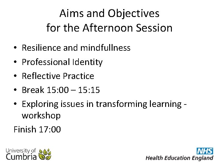 Aims and Objectives for the Afternoon Session Resilience and mindfullness Professional Identity Reflective Practice