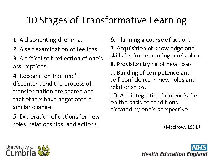 10 Stages of Transformative Learning 1. A disorienting dilemma. 2. A self examination of