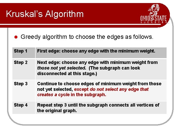 Kruskal’s Algorithm l Greedy algorithm to choose the edges as follows. Step 1 First Kruskal’s Algorithm l Greedy algorithm to choose the edges as follows. Step 1 First