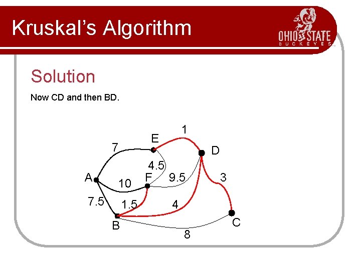 Kruskal’s Algorithm Solution Now CD and then BD. E 7 A 10 7. 5 Kruskal’s Algorithm Solution Now CD and then BD. E 7 A 10 7. 5