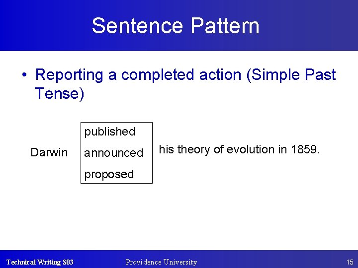 Sentence Pattern • Reporting a completed action (Simple Past Tense) published Darwin announced his