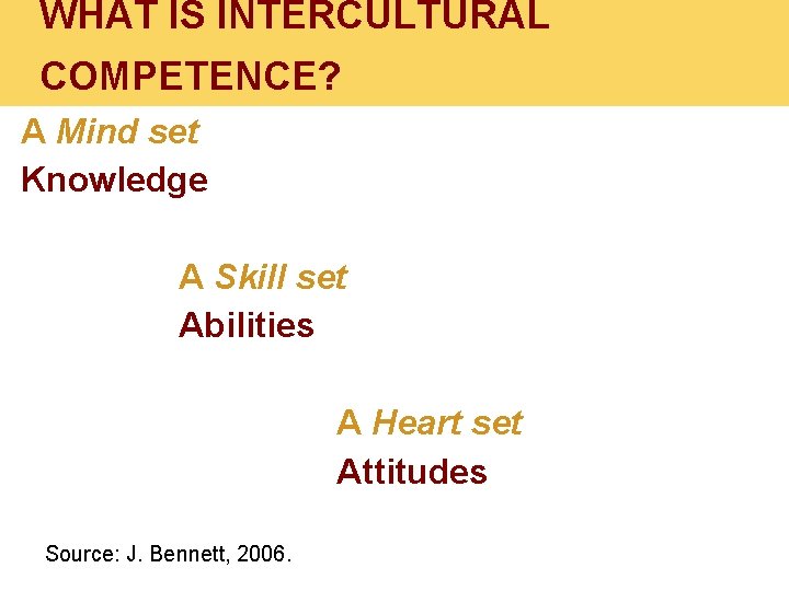 WHAT IS INTERCULTURAL COMPETENCE? A Mind set Knowledge A Skill set Abilities A Heart