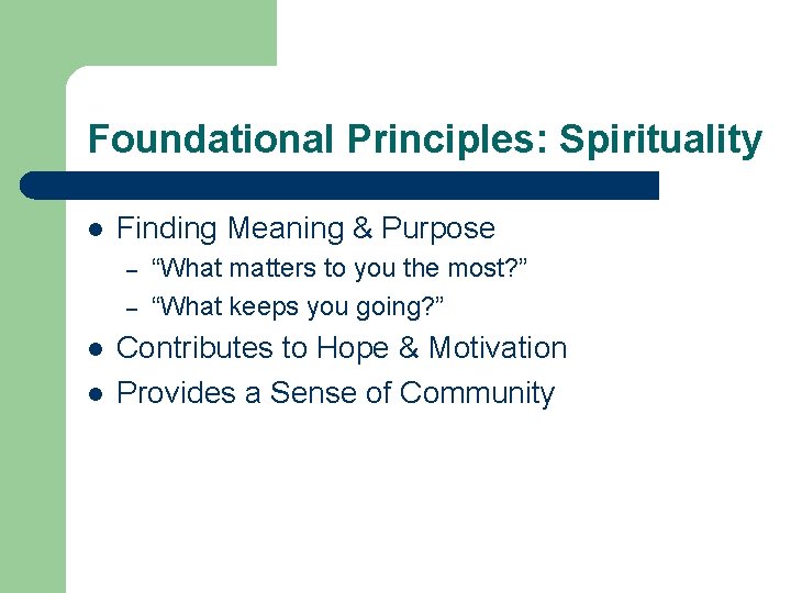 Foundational Principles: Spirituality l Finding Meaning & Purpose – – l l “What matters
