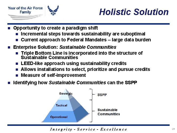 Holistic Solution n Opportunity to create a paradigm shift n Incremental steps towards sustainability