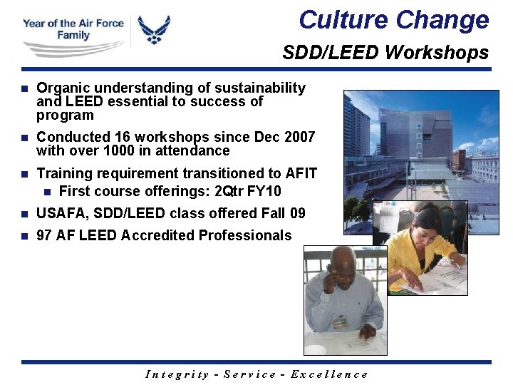 Culture Change SDD/LEED Workshops n Organic understanding of sustainability and LEED essential to success