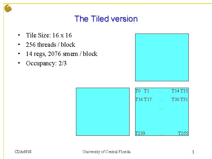 The Tiled version • • Tile Size: 16 x 16 256 threads / block The Tiled version • • Tile Size: 16 x 16 256 threads / block