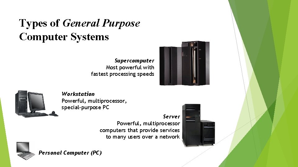 Types of General Purpose Computer Systems Supercomputer Most powerful with fastest processing speeds Workstation