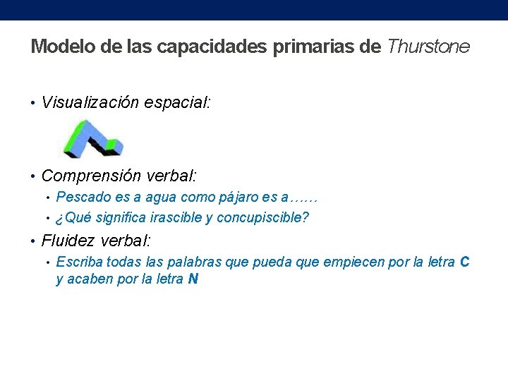 Modelo de las capacidades primarias de Thurstone • Visualización espacial: • Comprensión verbal: •