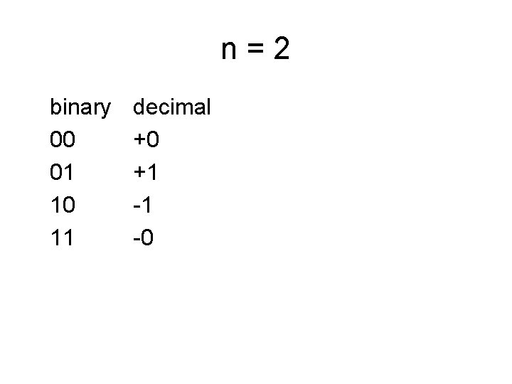 n=2 binary 00 01 10 11 decimal +0 +1 -1 -0 