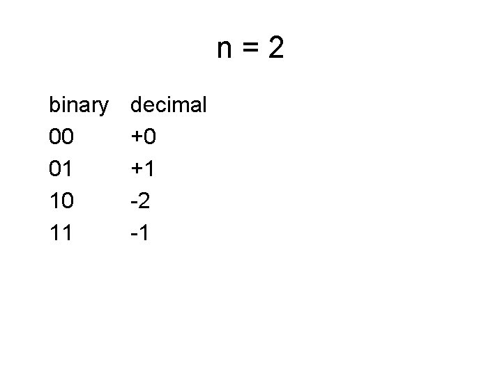 n=2 binary 00 01 10 11 decimal +0 +1 -2 -1 
