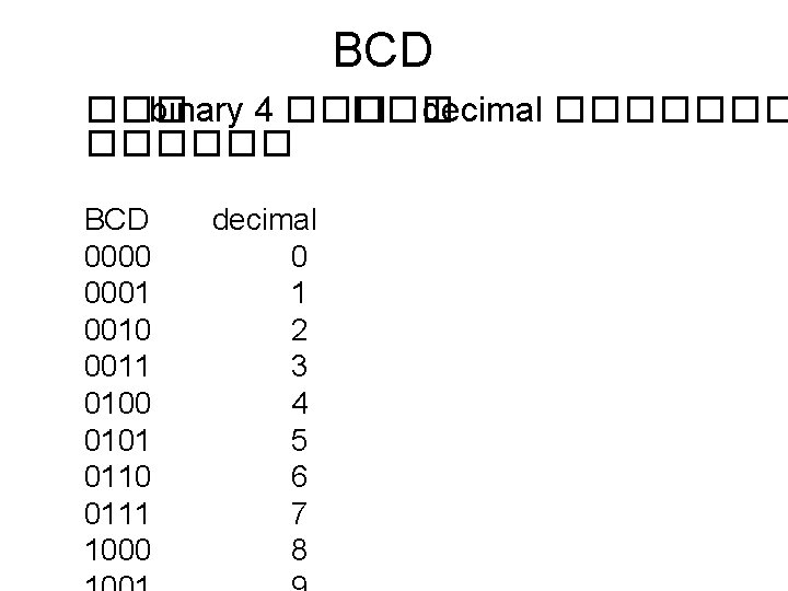 BCD ��� binary 4 ��� decimal ������� BCD 0000 0001 0010 0011 0100 0101