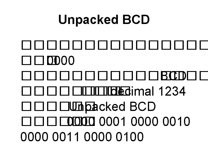 Unpacked BCD �������� ��� 0000 �������� BCD ���� decimal 1234 ������ Unpacked BCD ������