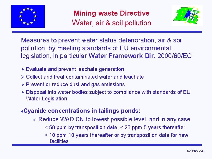 Mining waste Directive Water, air & soil pollution Measures to prevent water status deterioration,