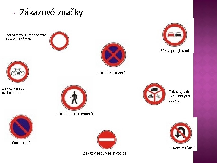  Zákazové značky Zákaz vjezdu všech vozidel (v obou směrech) Zákaz předjíždění Zákaz zastavení