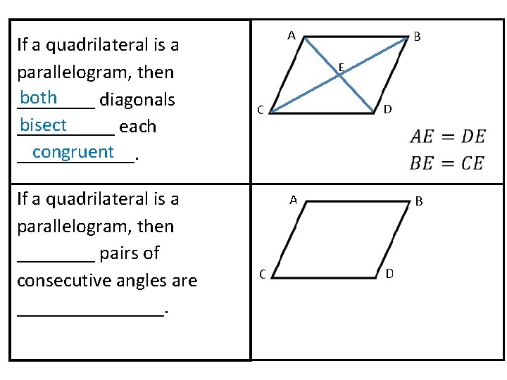 If a quadrilateral is a parallelogram, then both ____ diagonals bisect _____ each If a quadrilateral is a parallelogram, then both ____ diagonals bisect _____ each