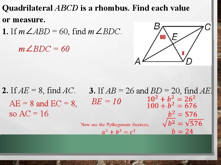 Quadrilateral ABCD is a rhombus. Find each value or measure. 1. If m∠ABD = Quadrilateral ABCD is a rhombus. Find each value or measure. 1. If m∠ABD =