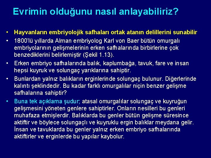 Evrimin olduğunu nasıl anlayabiliriz? • Hayvanların embriyolojik safhaları ortak atanın delillerini sunabilir • 1800’lü