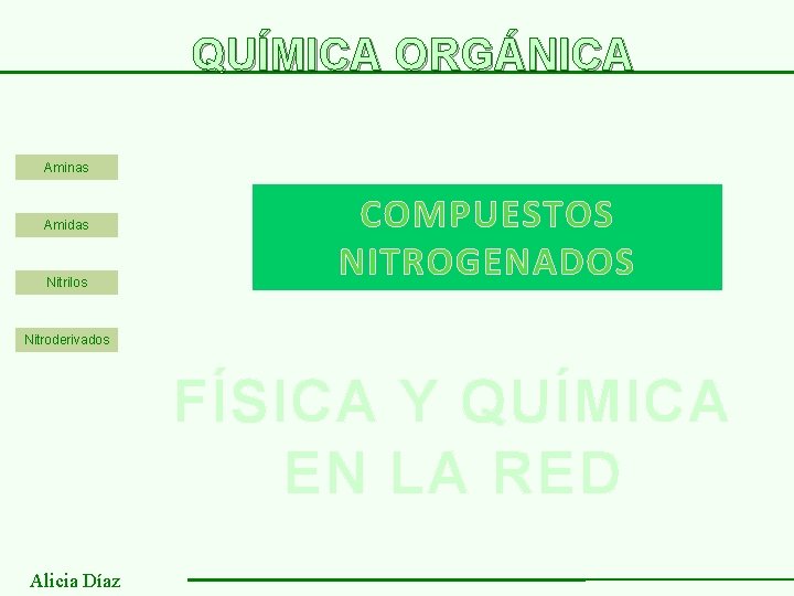 QUÍMICA ORGÁNICA Aminas Amidas Nitrilos COMPUESTOS NITROGENADOS Nitroderivados FÍSICA Y QUÍMICA EN LA RED