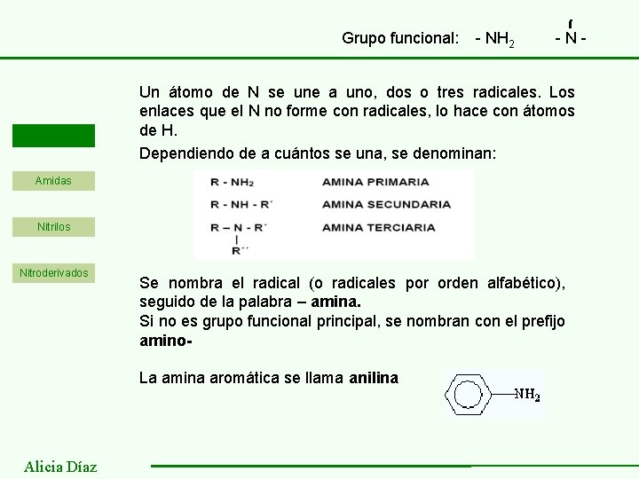 Grupo funcional: Aminas - NH 2 -N- Un átomo de N se une a