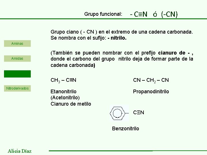 Grupo funcional: - C≡N ó (-CN) Grupo ciano ( - CN ) en el