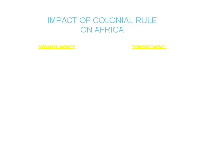 IMPACT OF COLONIAL RULE ON AFRICA § § § § NEGATIVE IMPACT Forced Labor IMPACT OF COLONIAL RULE ON AFRICA § § § § NEGATIVE IMPACT Forced Labor