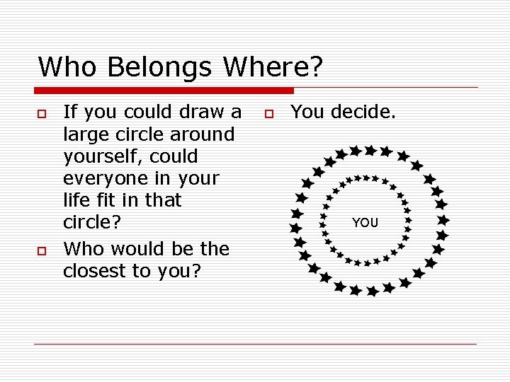 Who Belongs Where? o o If you could draw a large circle around yourself,