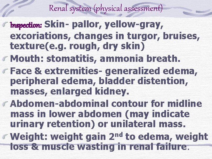 Renal system (physical assessment) Inspection: Skin- pallor, yellow-gray, excoriations, changes in turgor, bruises, texture(e.