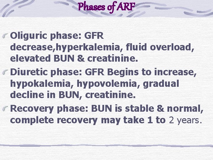 Phases of ARF Oliguric phase: GFR decrease, hyperkalemia, fluid overload, elevated BUN & creatinine.