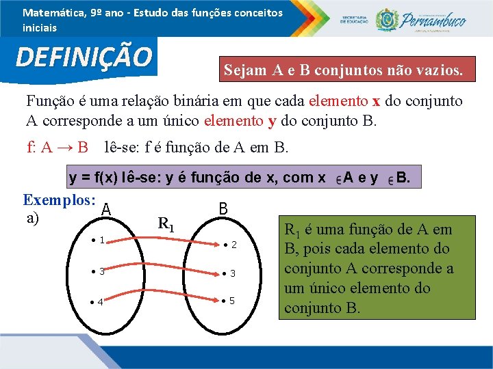 Matemática, 9º ano - Estudo das funções conceitos iniciais DEFINIÇÃO Sejam A e B