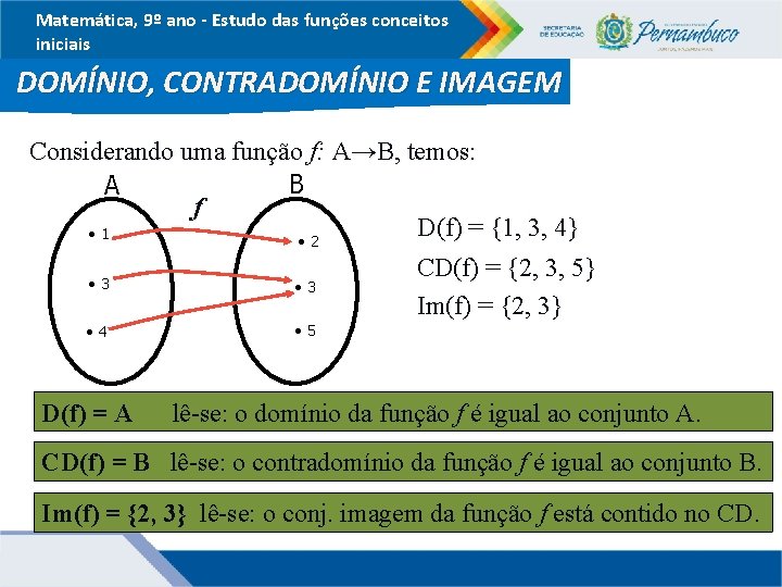 Matemática, 9º ano - Estudo das funções conceitos iniciais DOMÍNIO, CONTRADOMÍNIO E IMAGEM Considerando