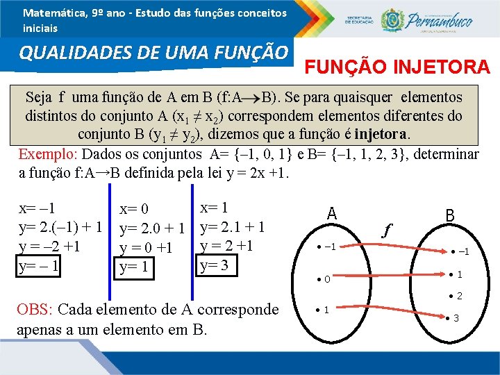 Matemática, 9º ano - Estudo das funções conceitos iniciais QUALIDADES DE UMA FUNÇÃO INJETORA