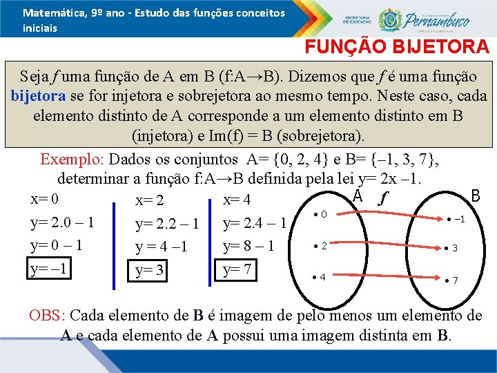 Matemática, 9º ano - Estudo das funções conceitos iniciais FUNÇÃO BIJETORA Seja f uma