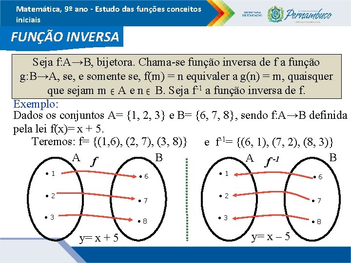 Matemática, 9º ano - Estudo das funções conceitos iniciais FUNÇÃO INVERSA Seja f: A→B,