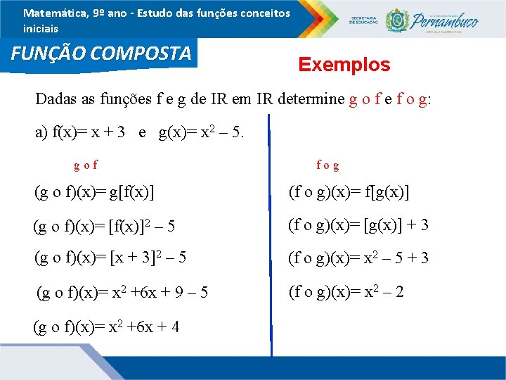 Matemática, 9º ano - Estudo das funções conceitos iniciais FUNÇÃO COMPOSTA Exemplos Dadas as