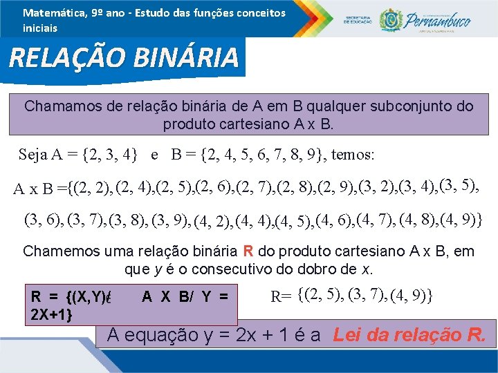 Matemática, 9º ano - Estudo das funções conceitos iniciais RELAÇÃO BINÁRIA Chamamos de relação