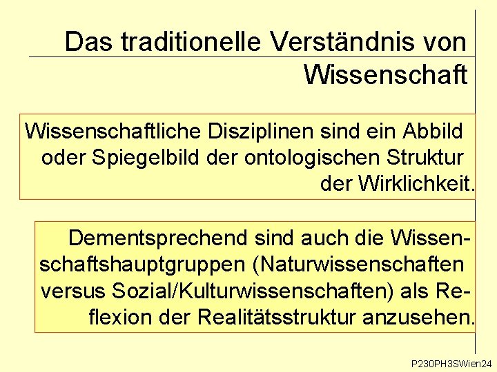 Das traditionelle Verständnis von Wissenschaftliche Disziplinen sind ein Abbild oder Spiegelbild der ontologischen Struktur Das traditionelle Verständnis von Wissenschaftliche Disziplinen sind ein Abbild oder Spiegelbild der ontologischen Struktur