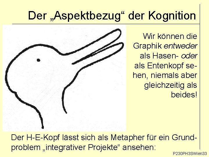 Der „Aspektbezug“ der Kognition Wir können die Graphik entweder als Hasen- oder als Entenkopf Der „Aspektbezug“ der Kognition Wir können die Graphik entweder als Hasen- oder als Entenkopf
