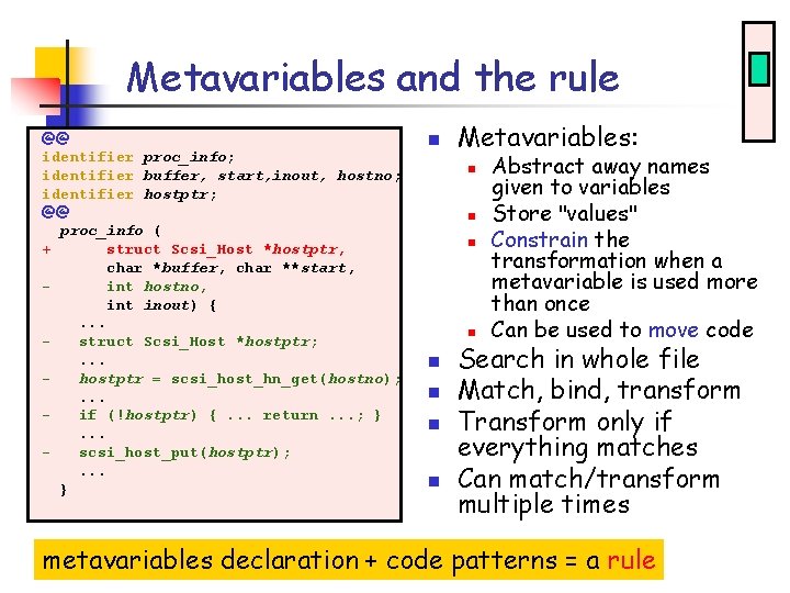 Metavariables and the rule @@ identifier proc_info; identifier buffer, start, inout, hostno; identifier hostptr;